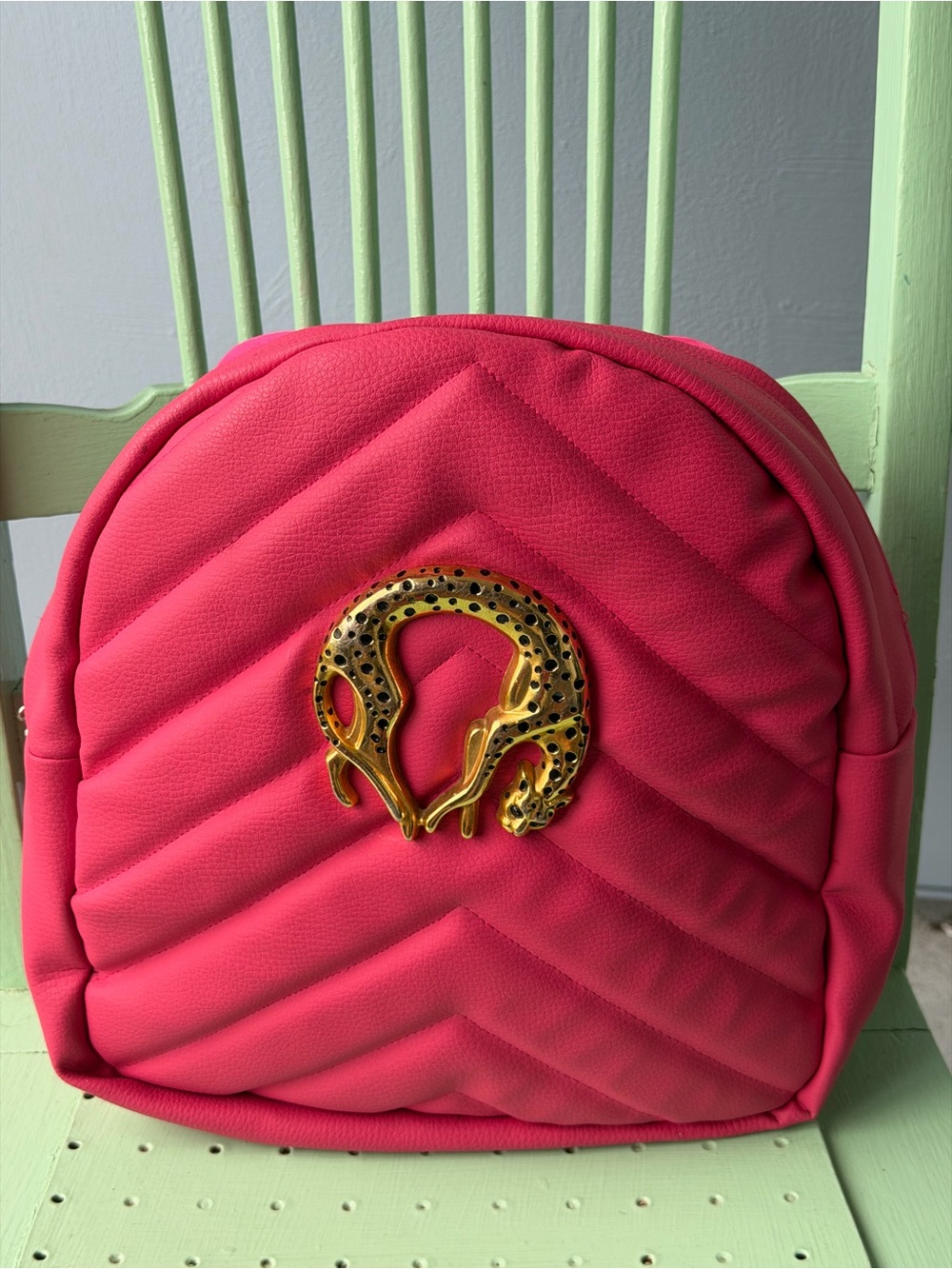 Quilted Hot Pink Backpack with Gold Leopard Accent